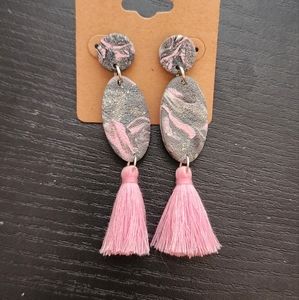 Pink Tassel Clay Post Dangle Earrings